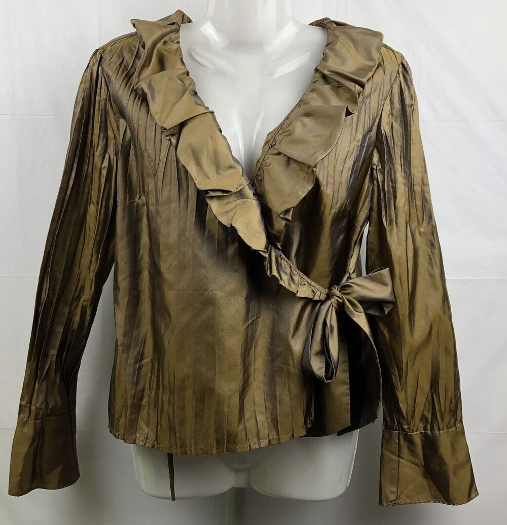 Sunny Leigh Blouse Women 4 Bronze Accordion Ruffle Wrap Flare Cuffs Formal Top